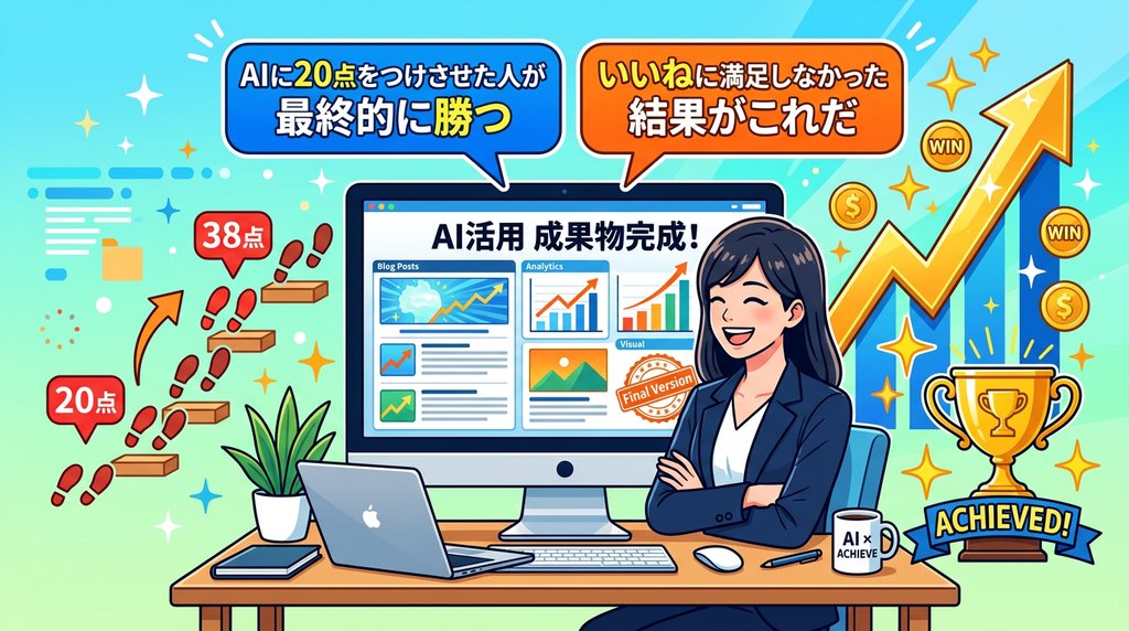 AIに20点をつけさせた人が最終的に勝つ:いいねに満足しなかった結果としてAI活用成果物が完成しトロフィーを手にした女性の未来イメージ