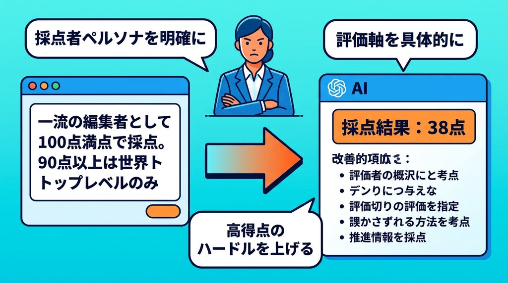 高難度採点プロンプトの3要素:採点者ペルソナを明確に・評価軸を具体的に・高得点のハードルを上げるという構造と採点結果38点の図解