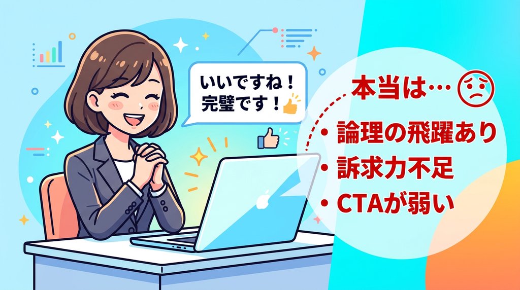 AIの褒め癖の正体:いいですね完璧ですと言いながら本当は論理の飛躍あり・訴求力不足・CTAが弱いという問題を隠している図解