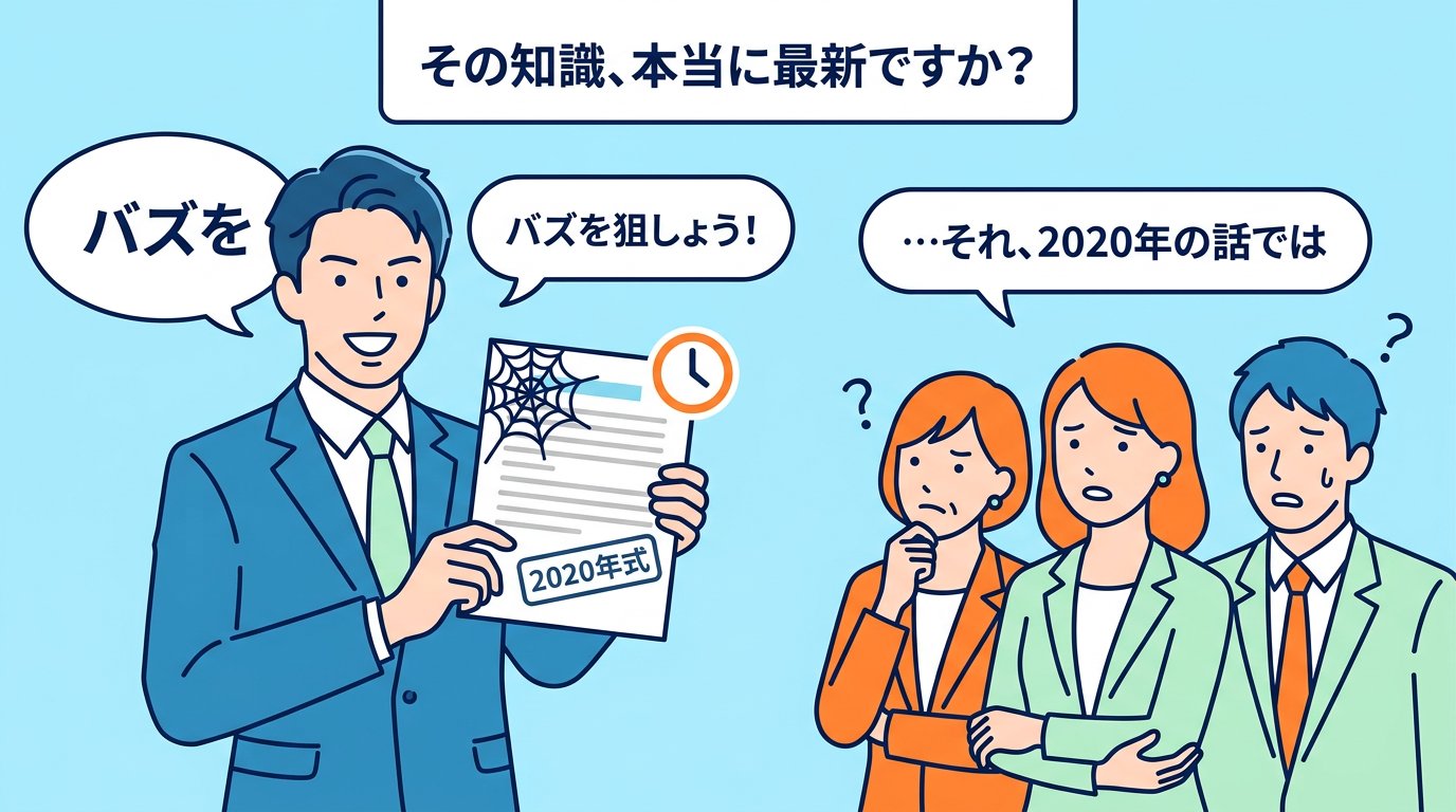自信満々に古い企画書を提示するビジネスパーソンと困惑する周囲の様子