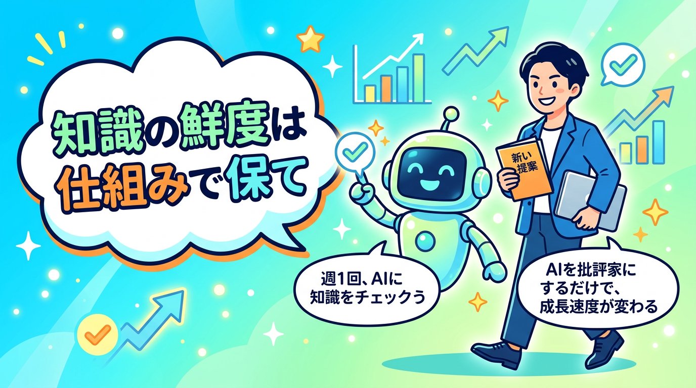 AIと並んで前向きに歩くビジネスパーソン。知識の鮮度は仕組みで保てというメッセージ