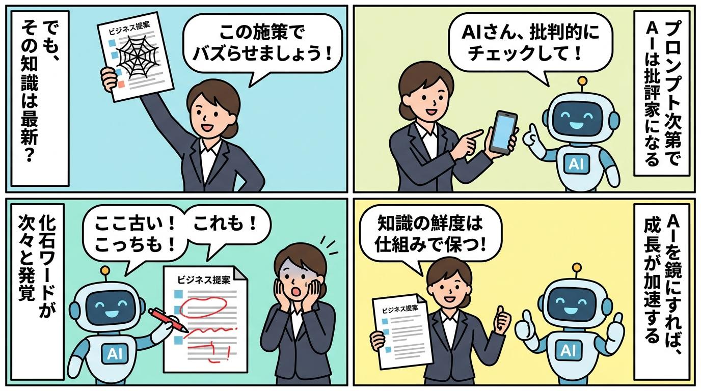 AIが企画書の古い箇所を次々と指摘し、最終的に知識の鮮度を仕組みで保つことを学ぶ4コマ漫画