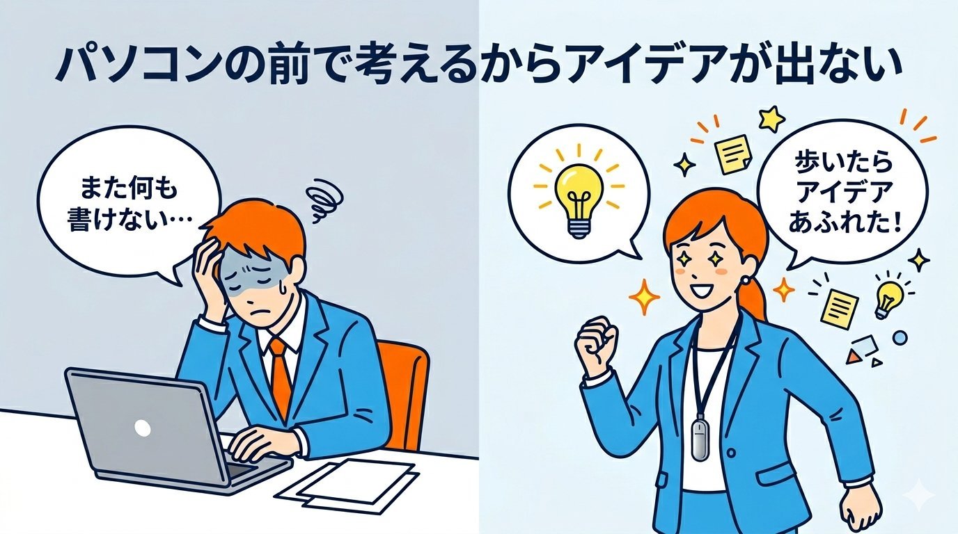 PCの前でスランプに陥るブロガーと、歩いたらアイデアがあふれた様子の対比イラスト