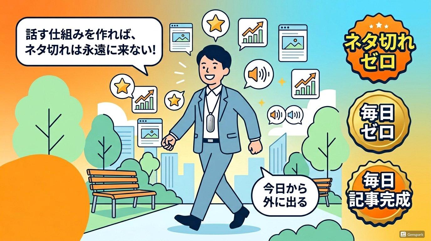 PLAUD NotePin Sを首にかけて公園を歩くビジネスパーソン・ネタ切れゼロ・毎日記事完成のイメージ