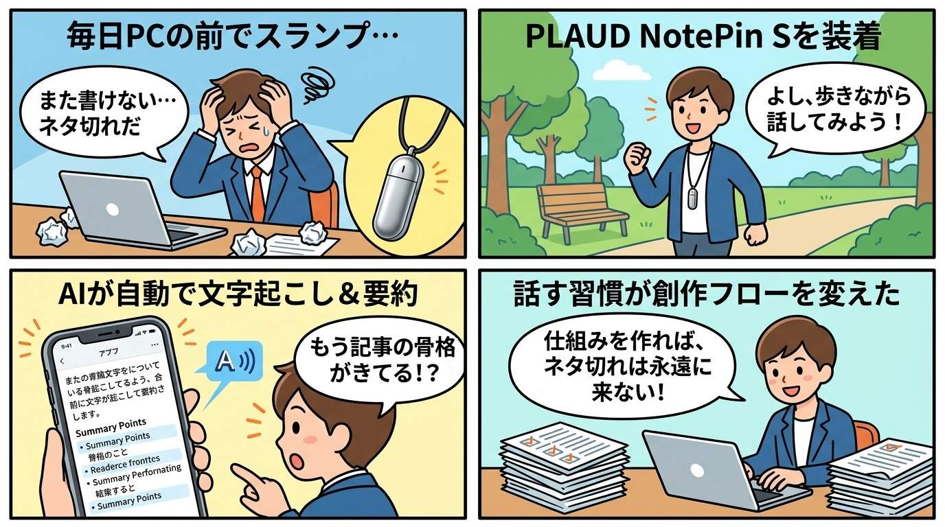PLAUD NotePin S活用法を描いた4コマ漫画・ネタ切れから記事完成までのストーリー
