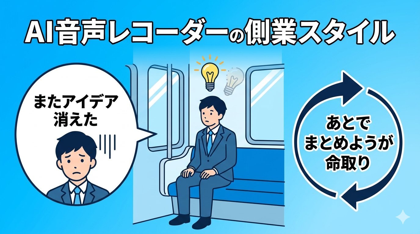 電車内でアイデアが消えてしまうビジネスパーソンのイラスト。またアイデア消えた・あとでまとめようが命取り