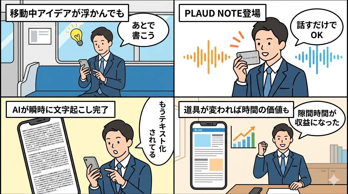 PLAUD NOTEを使った副業活用の4コマ漫画。移動中録音からAI文字起こし・記事完成・収益UPの流れ