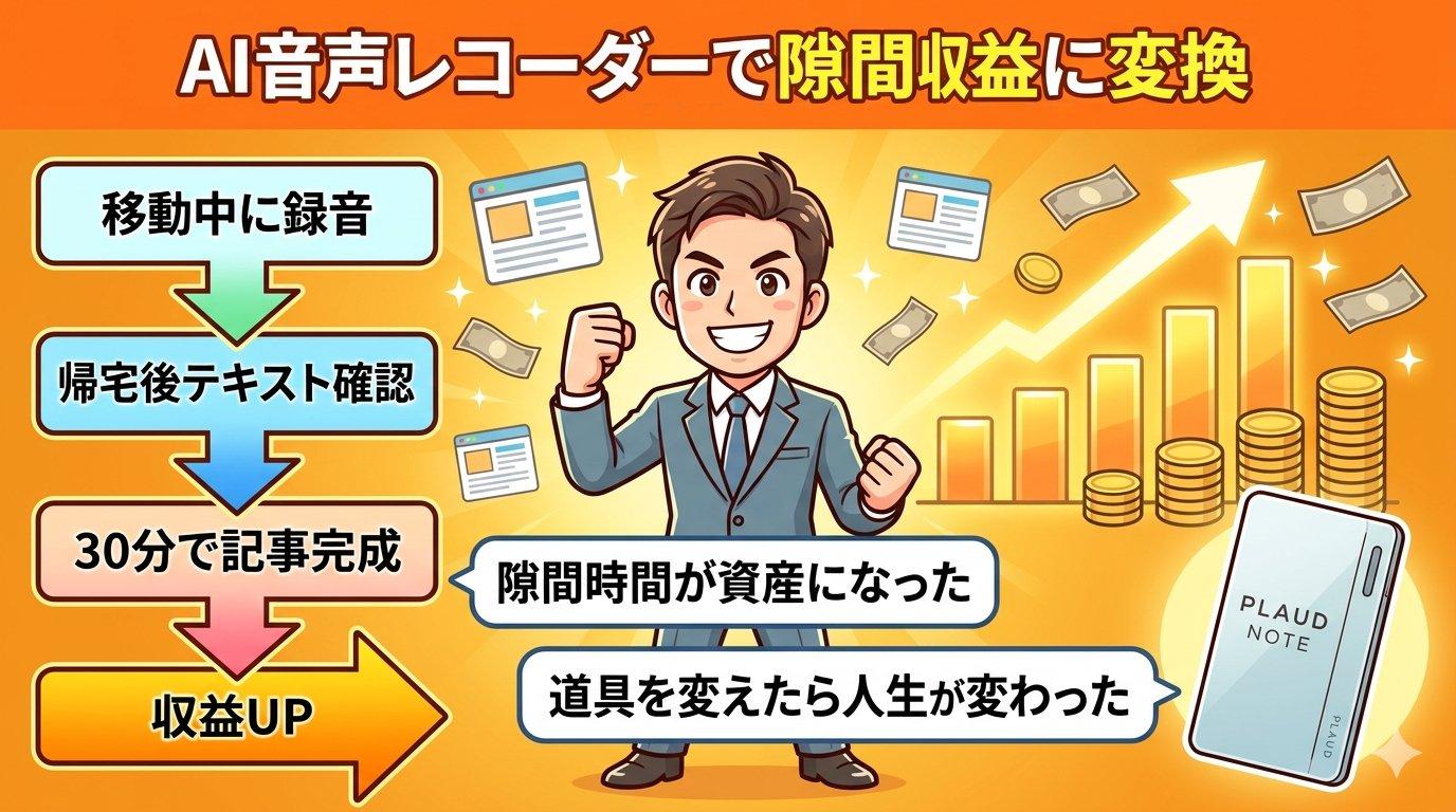 AI音声レコーダーで隙間収益化を実現したビジネスパーソンの未来イメージ。移動中に録音→帰宅後テキスト確認→30分で記事完成→収益UPの4ステップフロー