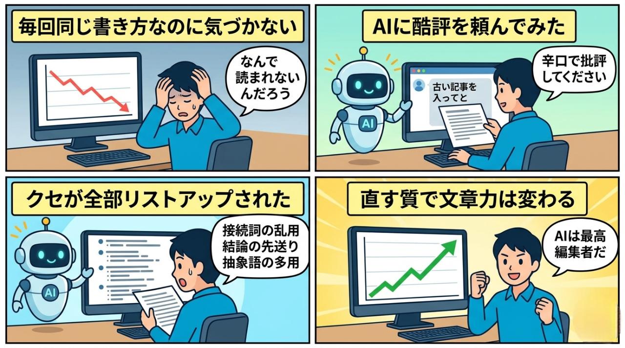 AIに酷評させる4ステップの改善サイクルを4コマ漫画で図解