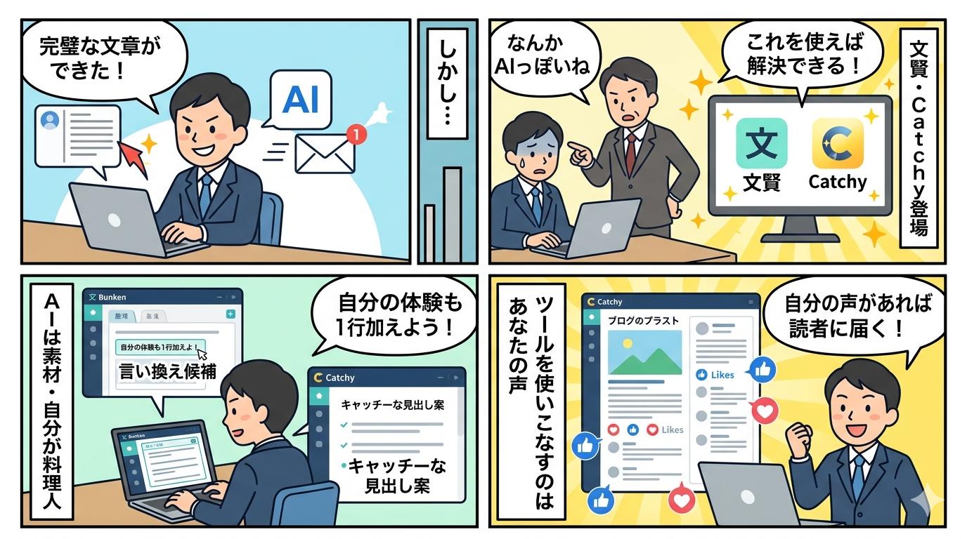 AIっぽい文章から人間らしい文章へ変わる4コマ漫画