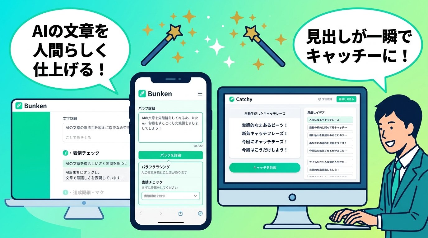 文賢とCatchyで文章を人間らしく仕上げるイメージ
