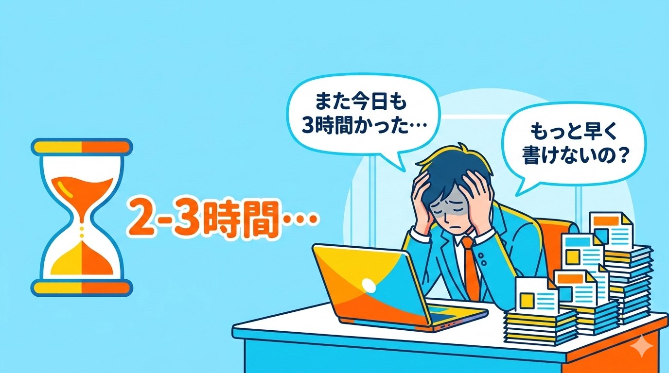 SEO記事制作に2〜3時間かかる現実を表すイラスト