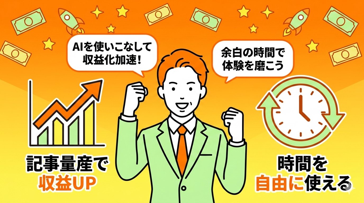 AIライティングツールを使いこなして収益化・時間の自由を手にしたイメージ