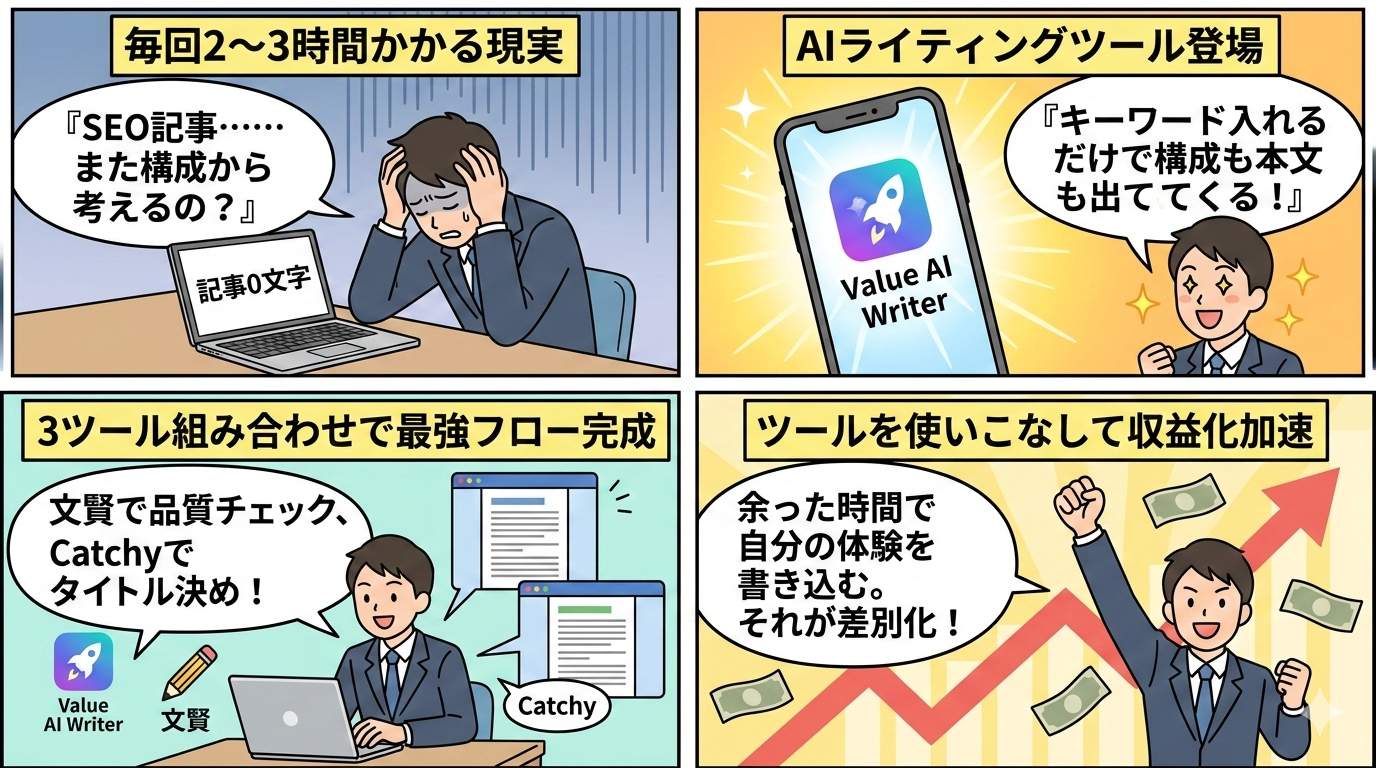 AIライティングツール3ツール活用フローを描いた4コマ漫画