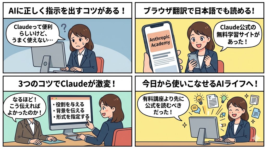 Anthropic Academyの学習内容を4コマ漫画で図解したイラスト