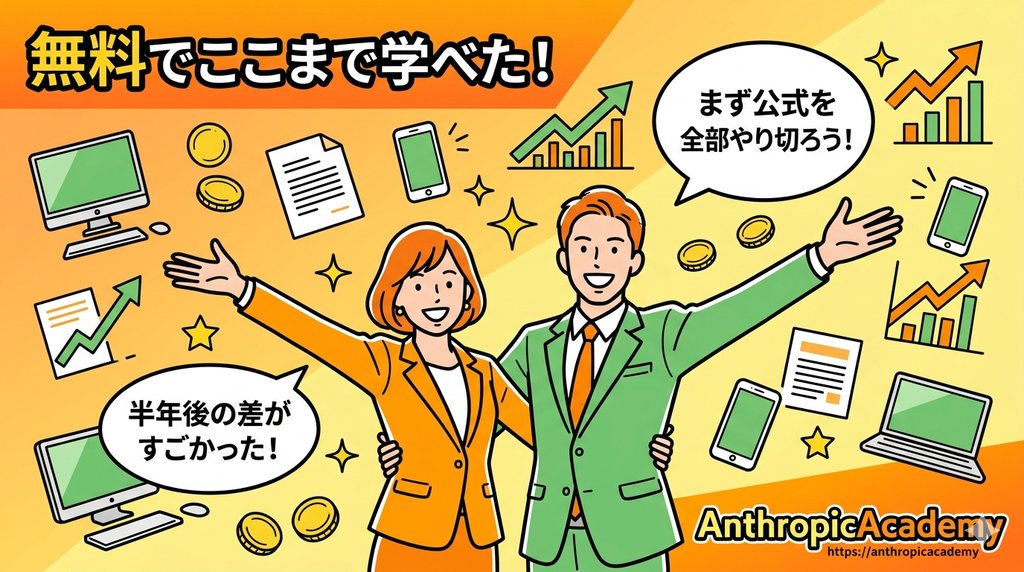 Anthropic Academyで学んだ後の理想の未来イメージ。無料でここまで学べたと喜ぶビジネスパーソンのイラスト