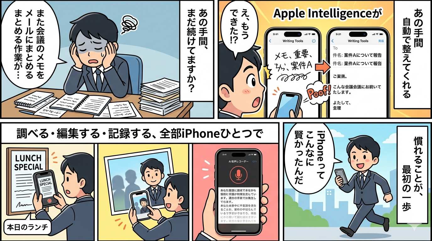 Apple Intelligenceの活用シナリオ4コマ漫画：メモをメールに変換・写真編集・翻訳・AI録音