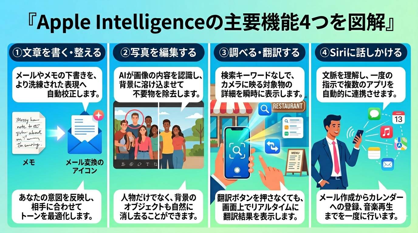 Apple Intelligenceの主要機能4つを図解：文章を書く・写真を編集する・調べる翻訳する・Siriに話しかける