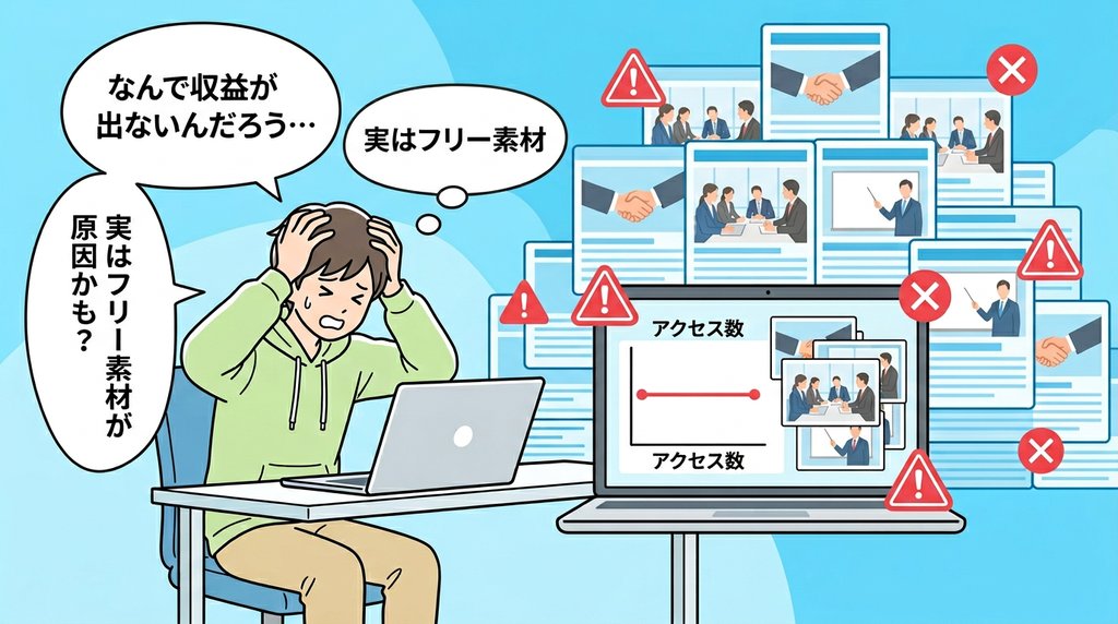 収益が出ないブロガーがフリー素材の多用に悩んでいる様子