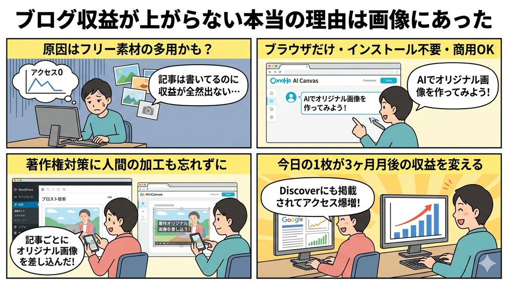 AI生成画像の著作権対策と活用フローを示す4コマ漫画