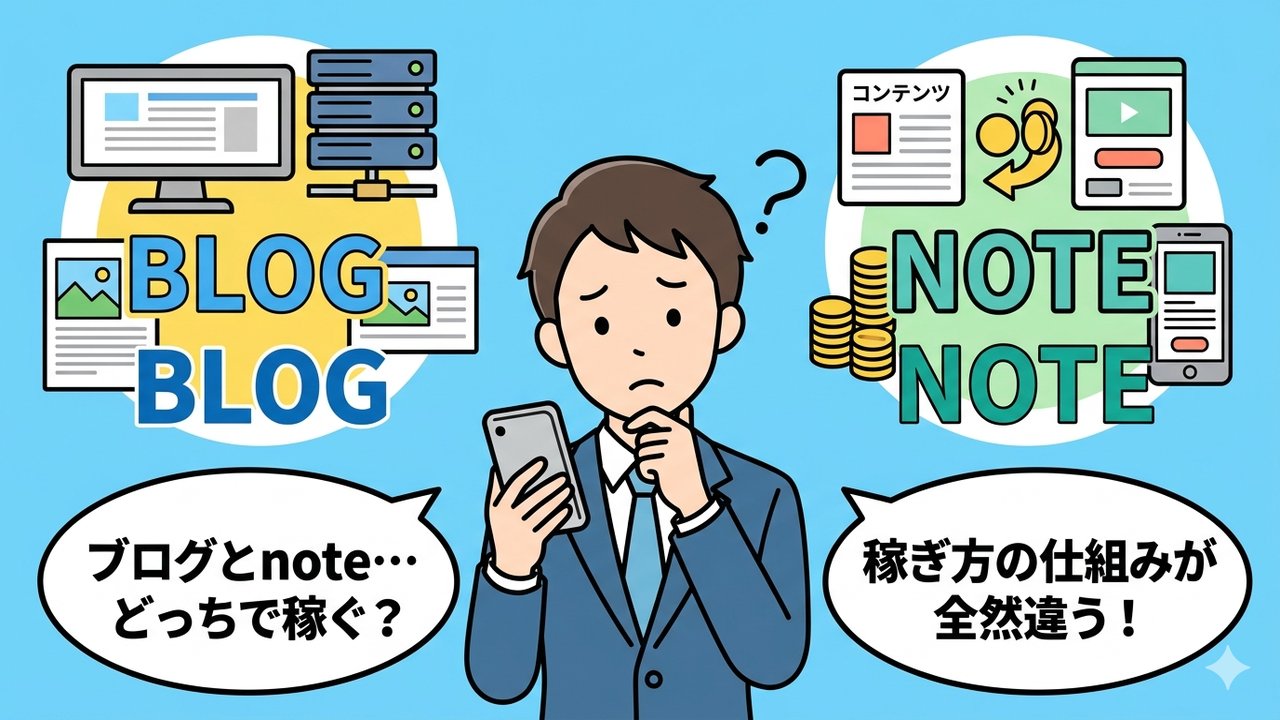 ブログとnoteどちらで稼ぐか迷うビジネスパーソンのイラスト