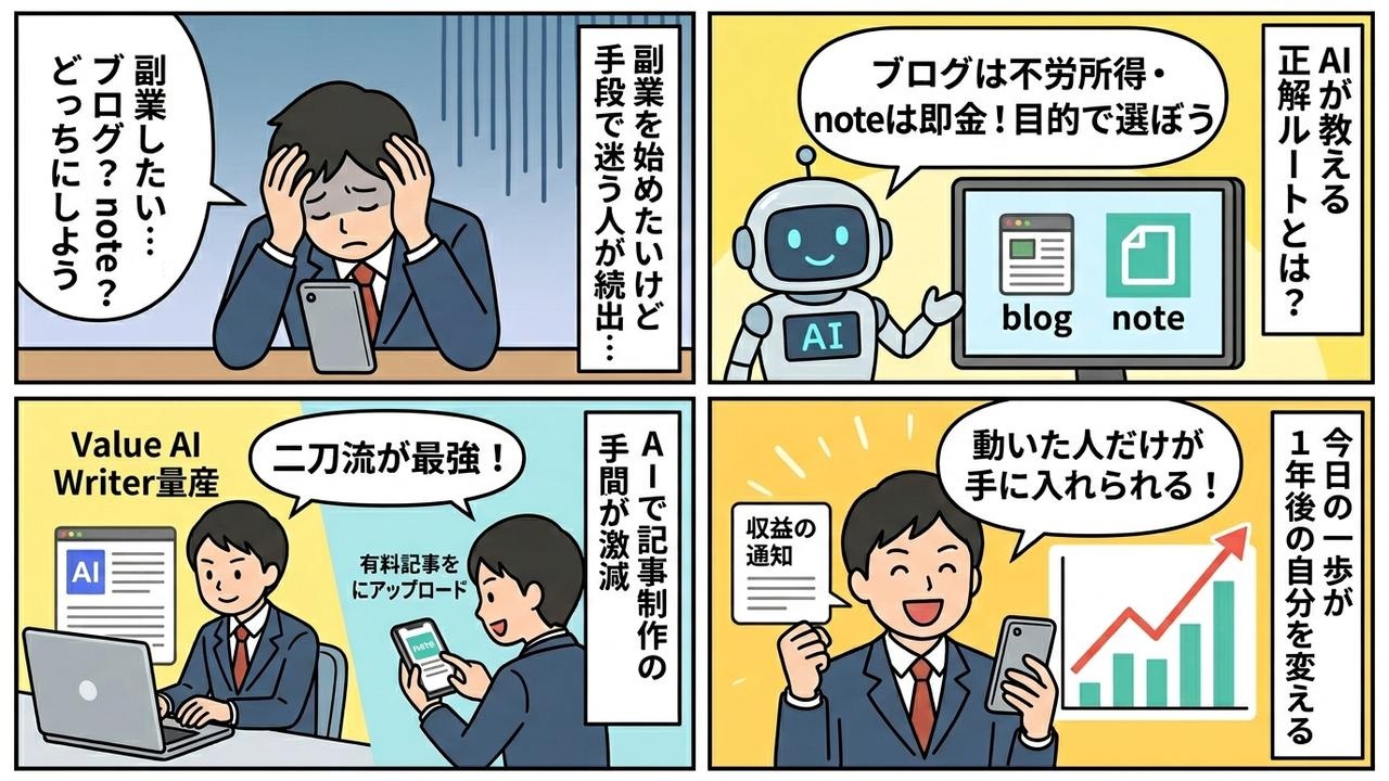 ブログとnoteの正解ルートを解説する4コマ漫画