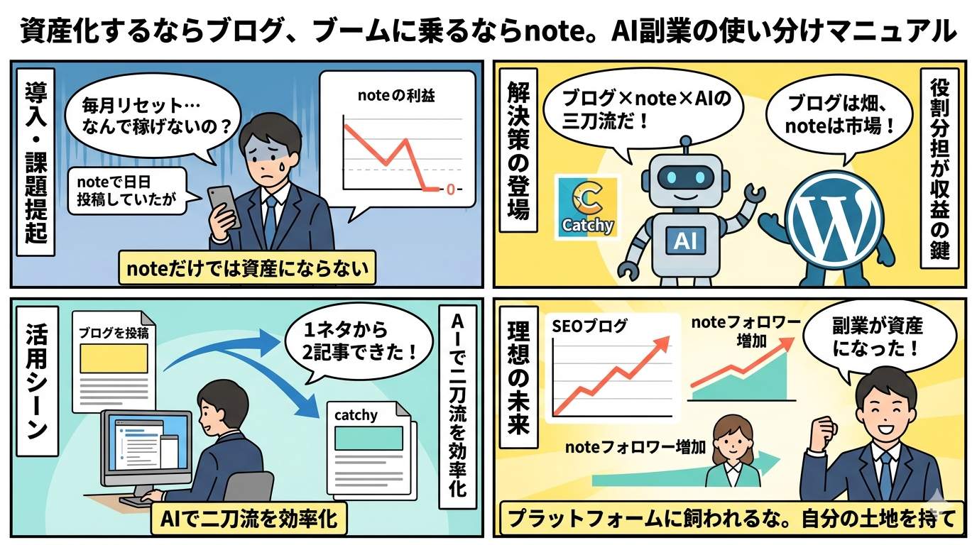 CatchyとAIを使ってブログとnoteを二刀流で運営する戦略を示す4コマ漫画
