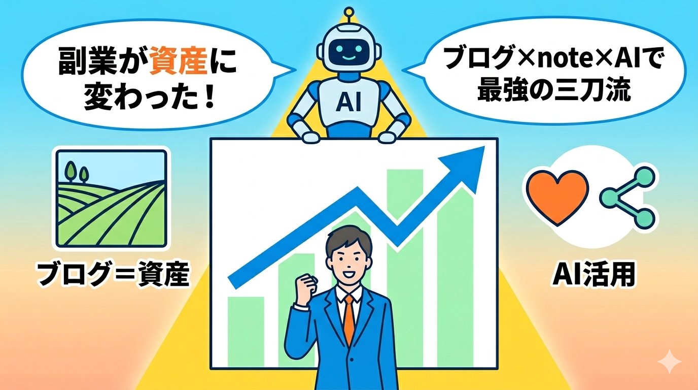 ブログとnoteとAIの三刀流で副業が資産に変わった理想の未来イメージ