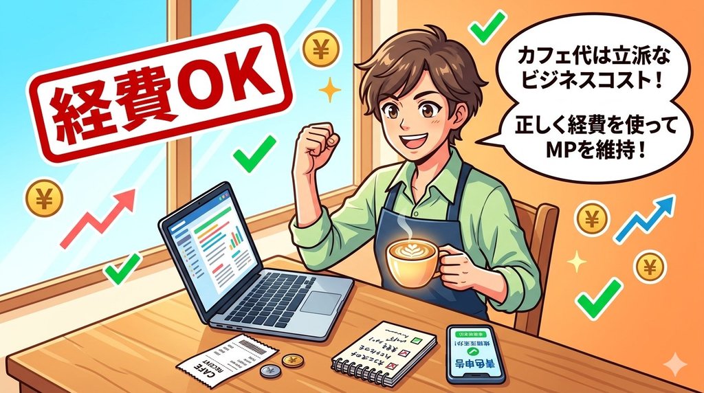 カフェ作業代が経費OKと知り自信満々にガッツポーズするブロガーのイラスト