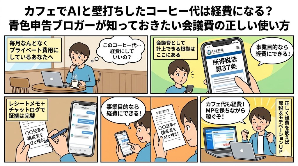 カフェでAIと壁打ちしたコーヒー代は経費になるか解説した4コマ漫画