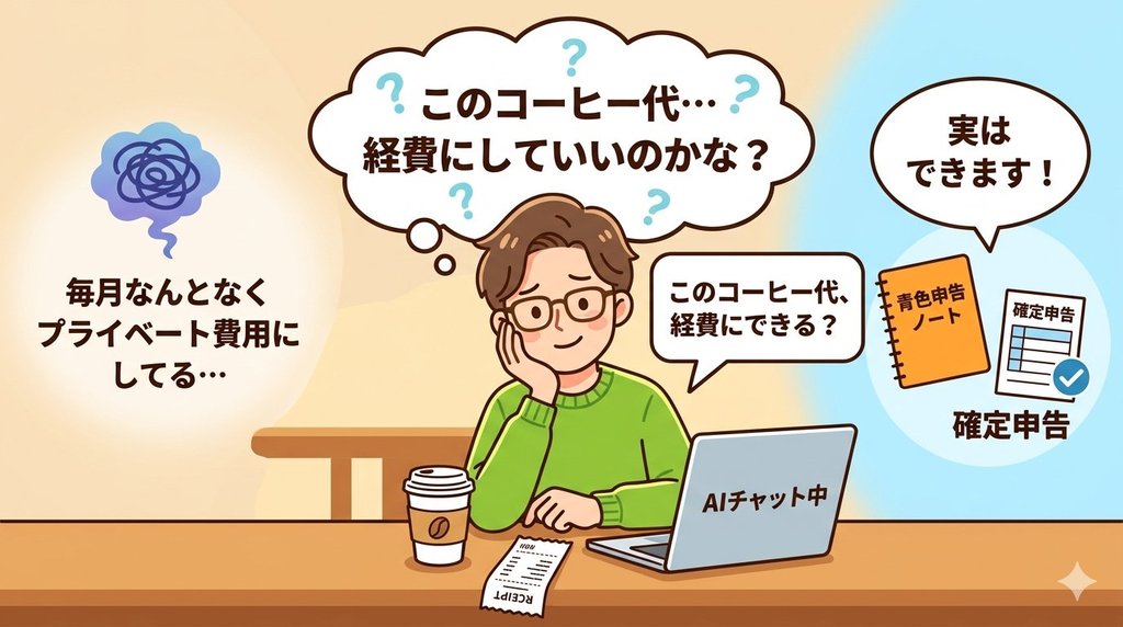 カフェでコーヒーを飲みながらAIチャット中のブロガーがコーヒー代を経費にできるか悩んでいるイラスト