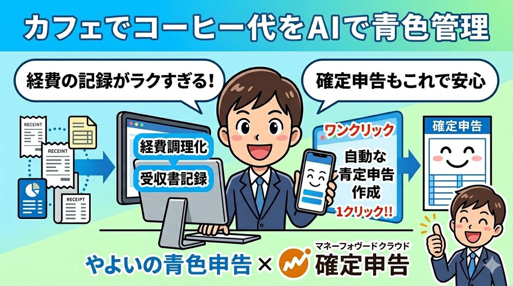 やよいの青色申告とマネーフォワードクラウド確定申告で経費管理をするブロガーのイラスト