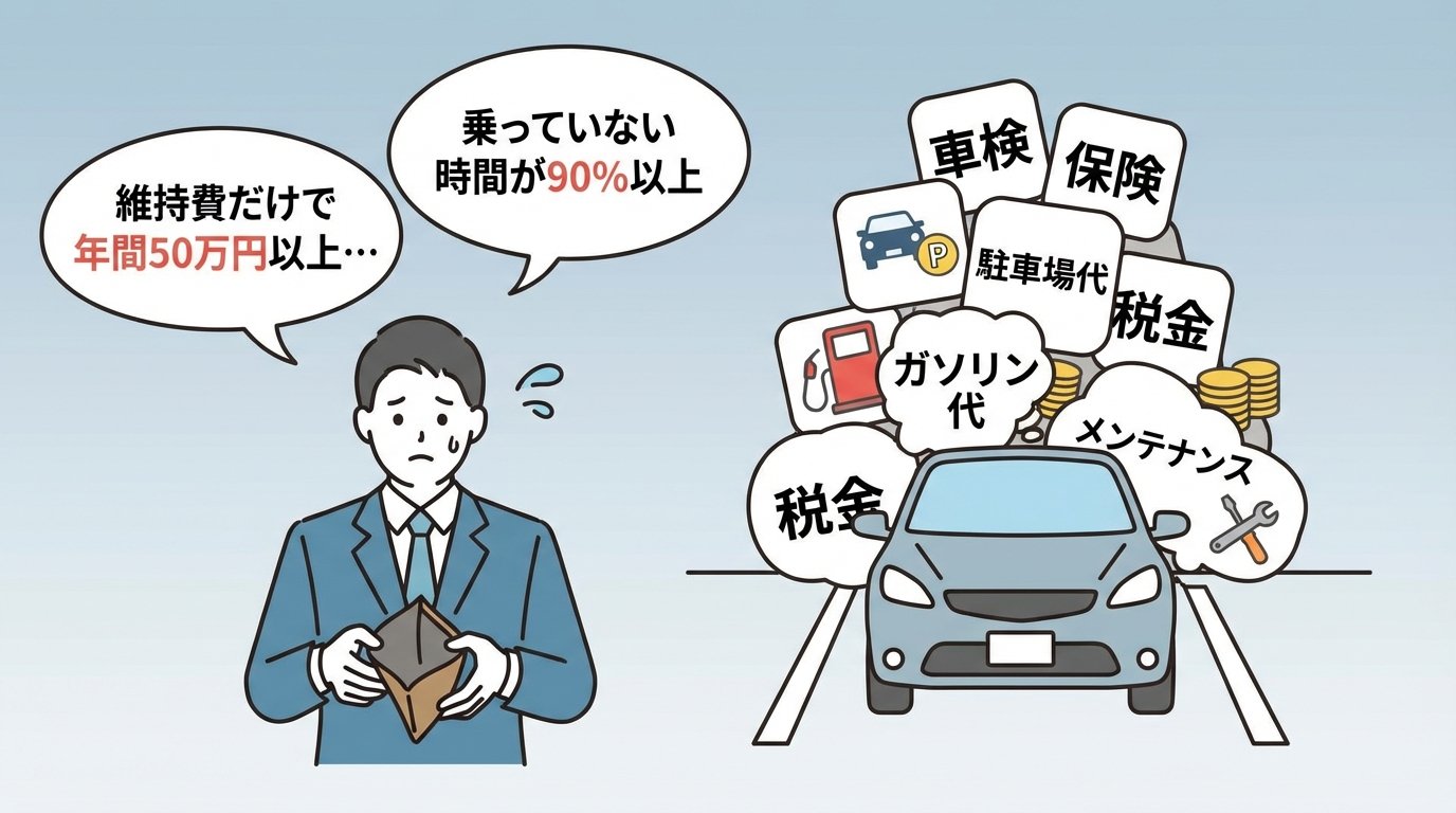 車の維持費の内訳と乗っていない時間を示すイラスト