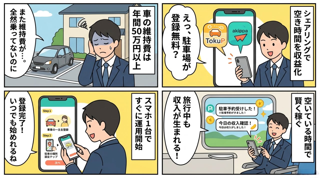 特P・akippa登録フローと月収3万円〜の特徴を示すイラスト