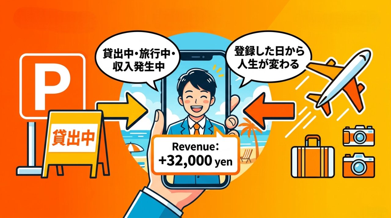 貸出中・旅行中・収入発生中の理想の未来イメージイラスト