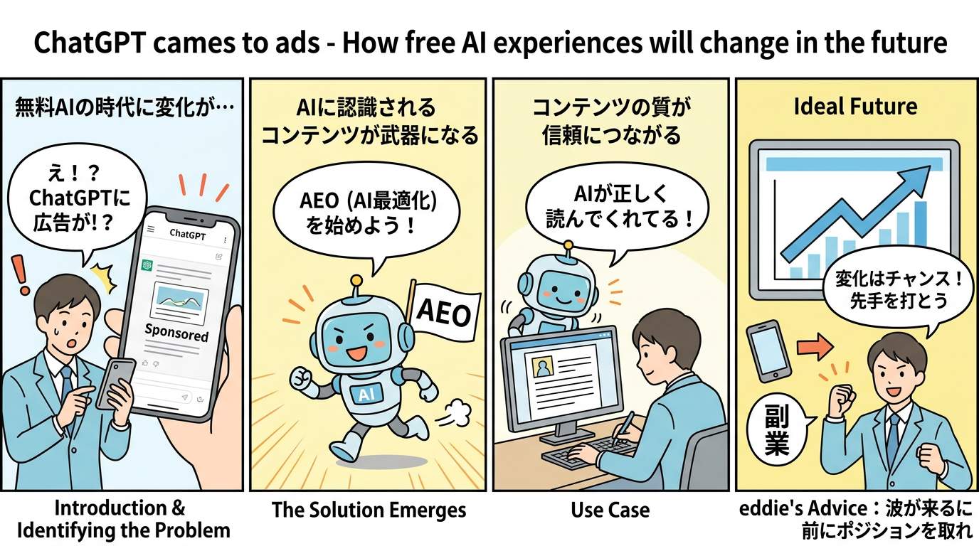 変化の波に乗り副業とAEOで収入を多角化するビジネスパーソンのイラスト