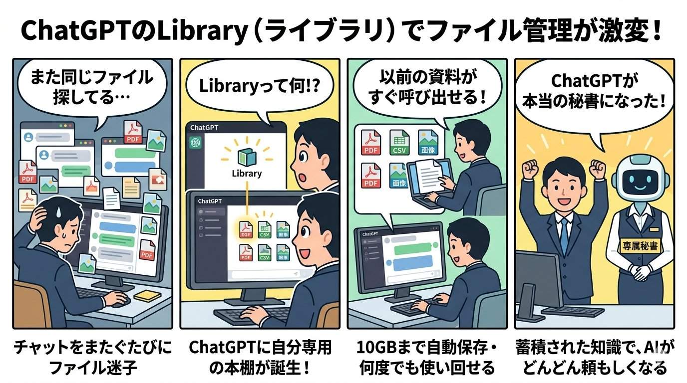 AIが本当の専属秘書になった！と喜ぶビジネスパーソンとAIロボットのイラスト。本棚と上昇矢印が背景に描かれている