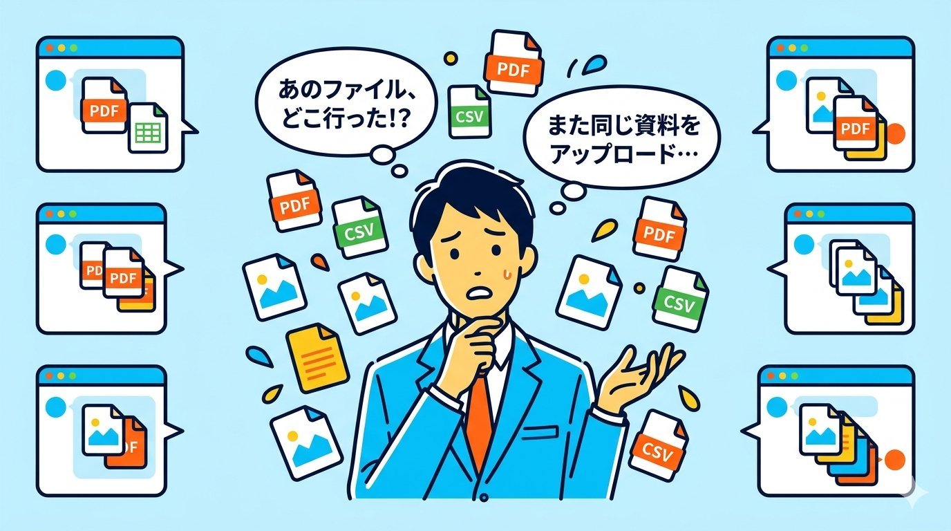 ファイル迷子に悩むビジネスパーソンのイラスト。複数のチャット画面にPDF・CSVが散らばっている