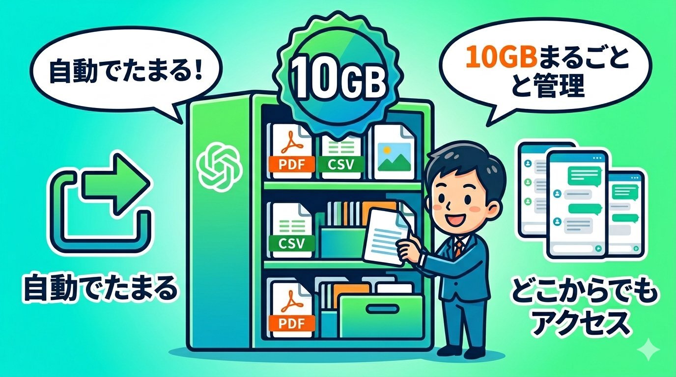 ChatGPT Libraryの機能を示すイラスト。10GBの本棚にPDF・CSVが整然と並び、自動保存・どこからでもアクセスの吹き出しが配置されている