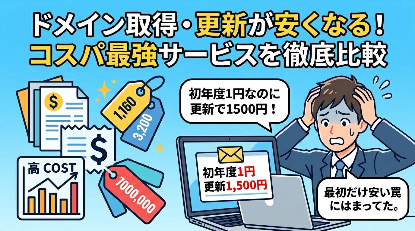 初年度1円なのに更新で1500円と驚くビジネスパーソンのイラスト