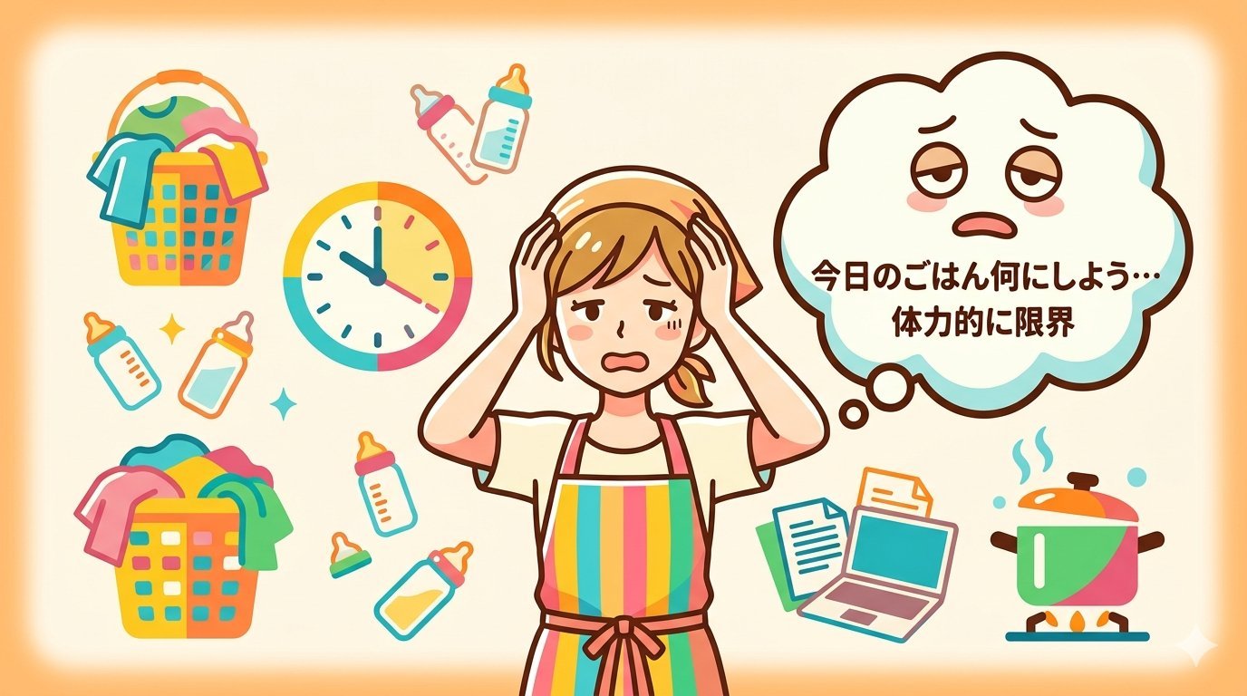 育児・家事・仕事のトリプルプレッシャーに悩む忙しいママのイラスト