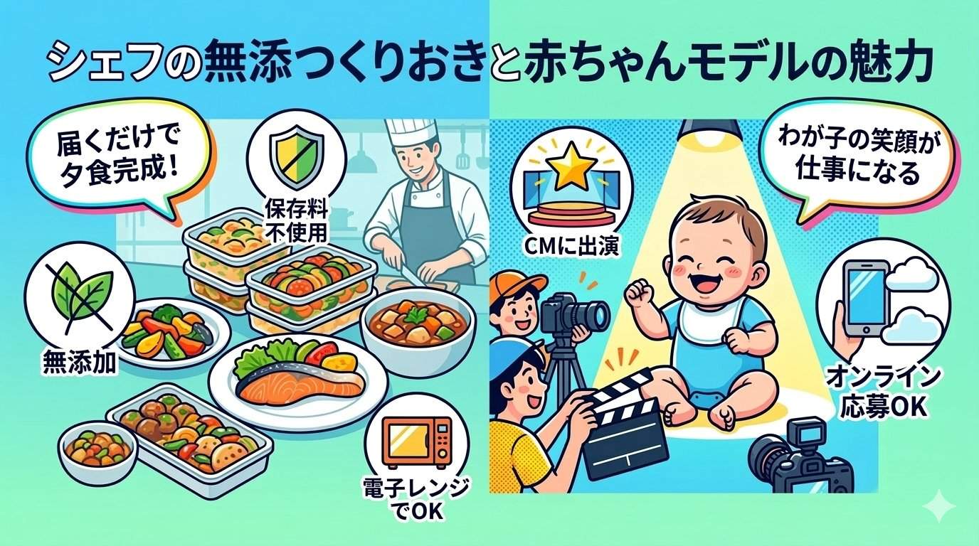 シェフの無添つくりおきと赤ちゃんモデルの魅力を紹介するイラスト