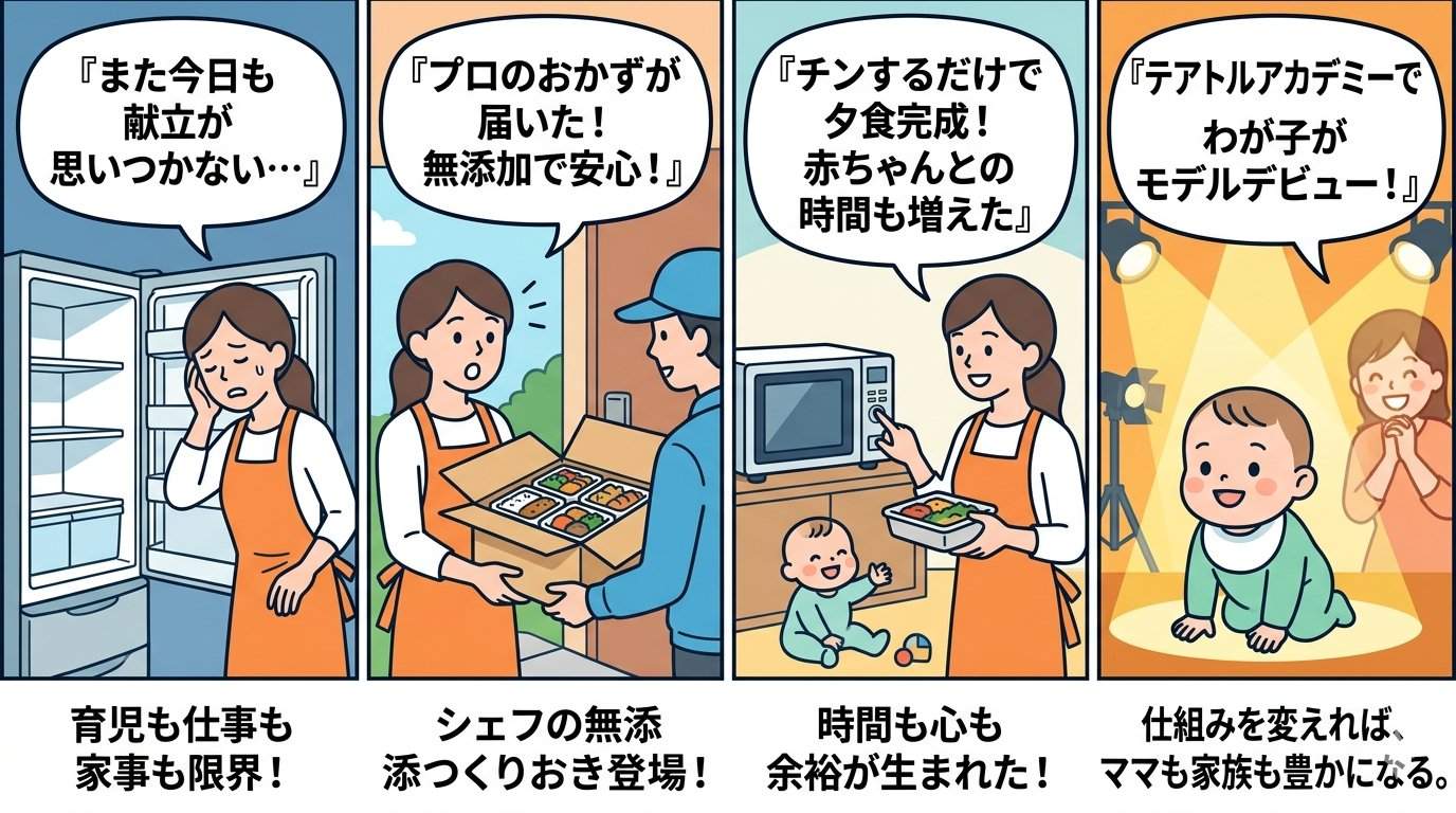無添加つくりおきと赤ちゃんモデルで変わるママの毎日を描いた4コマ漫画