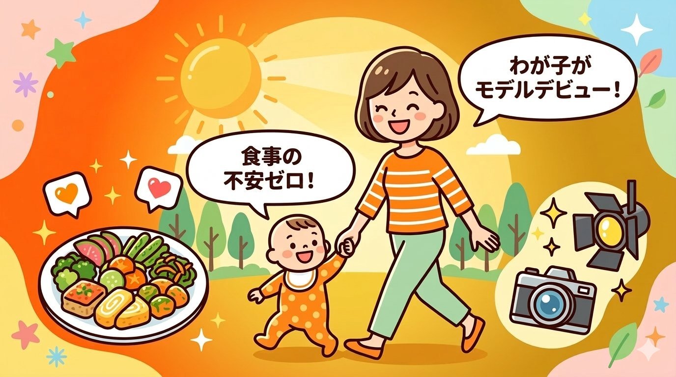 無添加つくりおきと赤ちゃんモデルで笑顔になったママと子どものイラスト