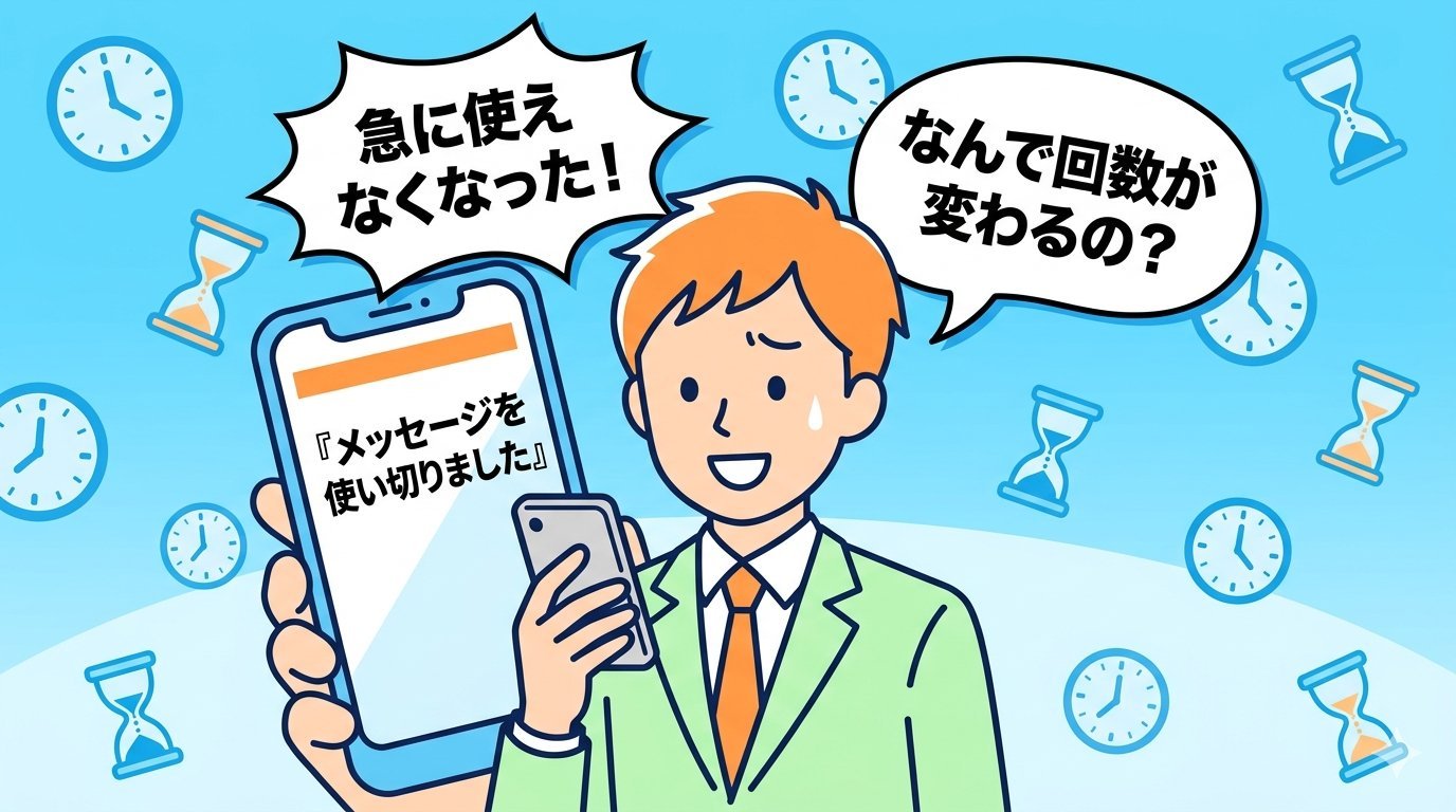 スマホに制限メッセージが表示されて困惑するビジネスパーソン