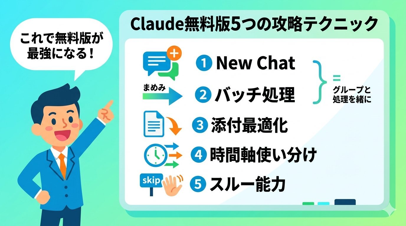 Claude無料版5つの攻略テクニック一覧インフォグラフィック