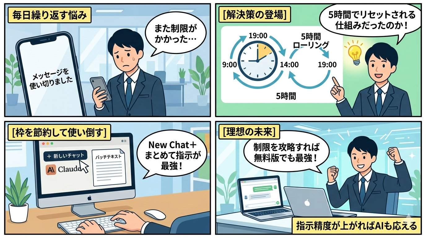 Claude無料版制限攻略の流れを描いた4コマ漫画