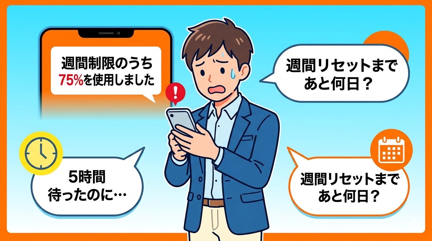5時間待ったのにまだ使えないと困惑するビジネスパーソンのイラスト