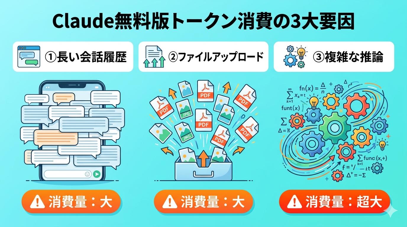 Claude無料版トークン消費の3大要因:長い会話履歴・ファイルアップロード・複雑な推論