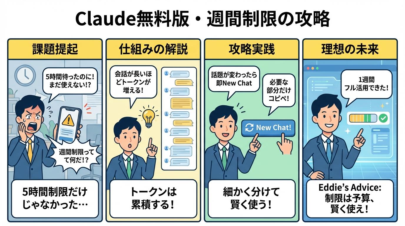 Claude無料版・週間制限攻略の4コマ漫画:課題提起から理想の未来まで